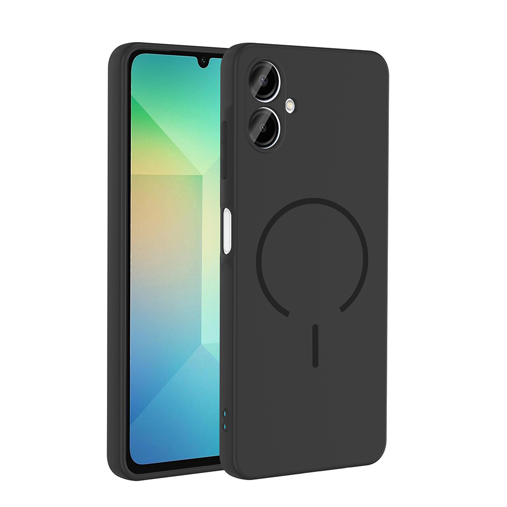 Un smartphone en una funda negra con un anillo magnético en la parte posterior.