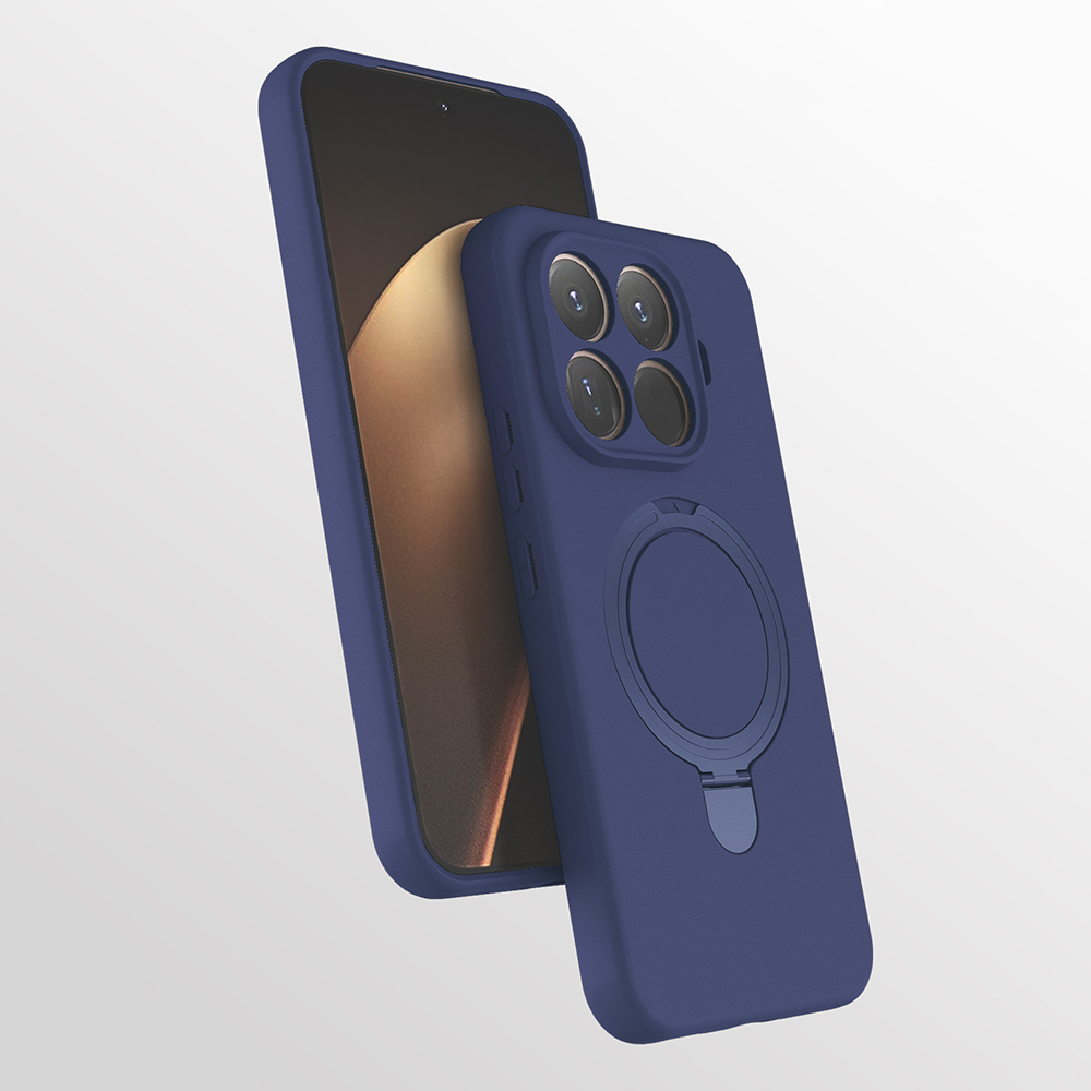 Un smartphone en una funda de silicona azul con soporte circular integrado y recorte para cámara sobre fondo claro.