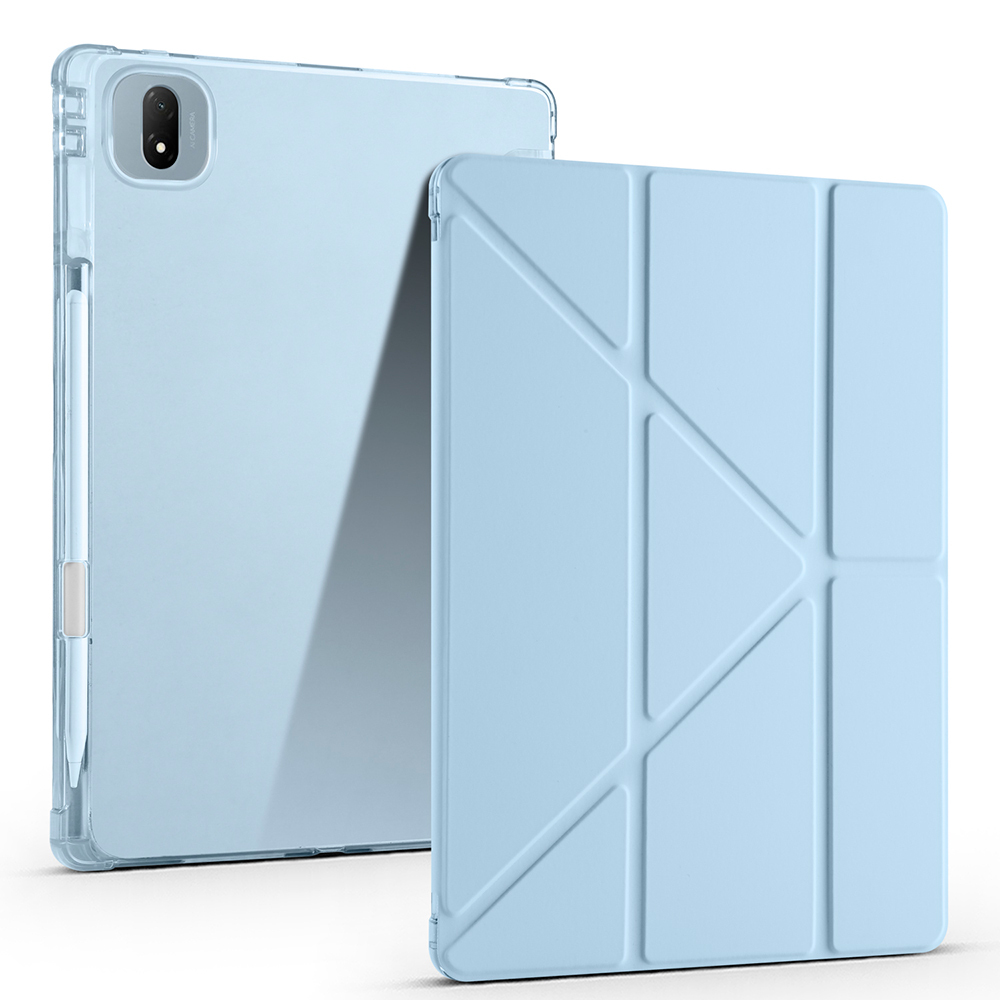 Un tablet azzurro in una custodia trasparente con stilo e una custodia pieghevole abbinata.