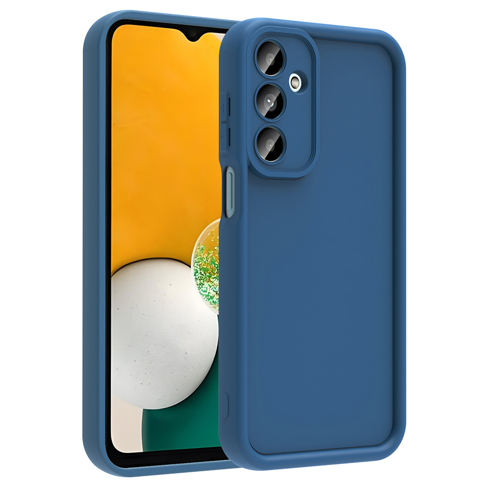Un smartphone azul en una funda protectora con triple cámara.