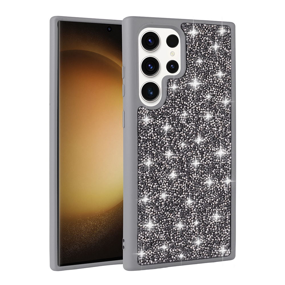 Una funda de smartphone gris con piedras plateadas brillantes en la parte posterior.