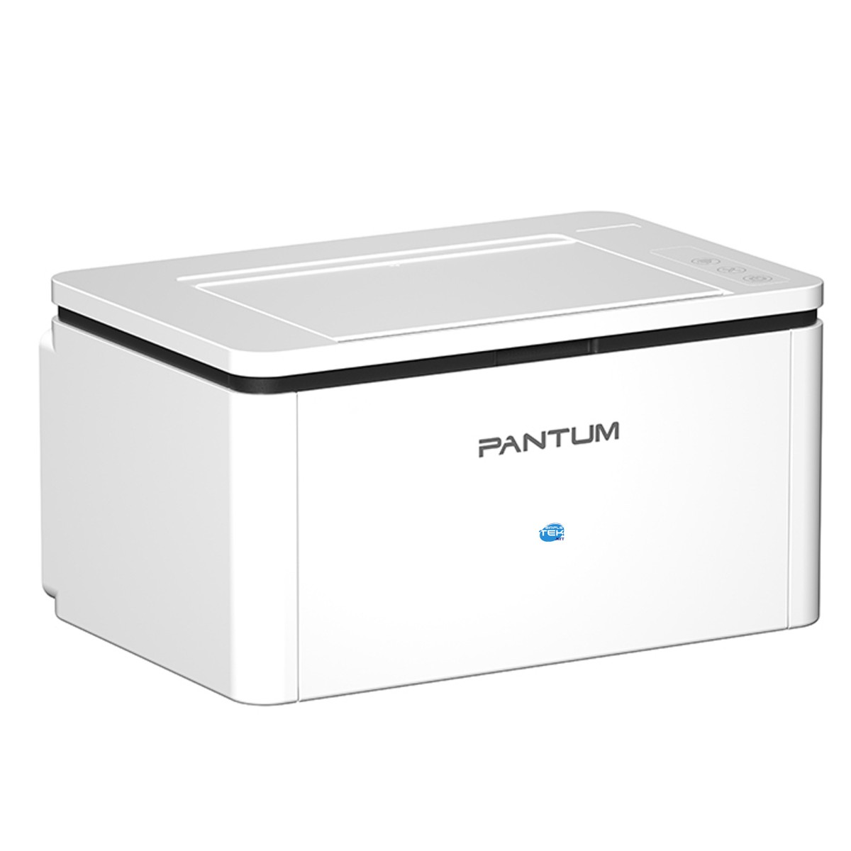 Ein weißer Pantum Drucker mit kompaktem Design auf weißem Hintergrund.