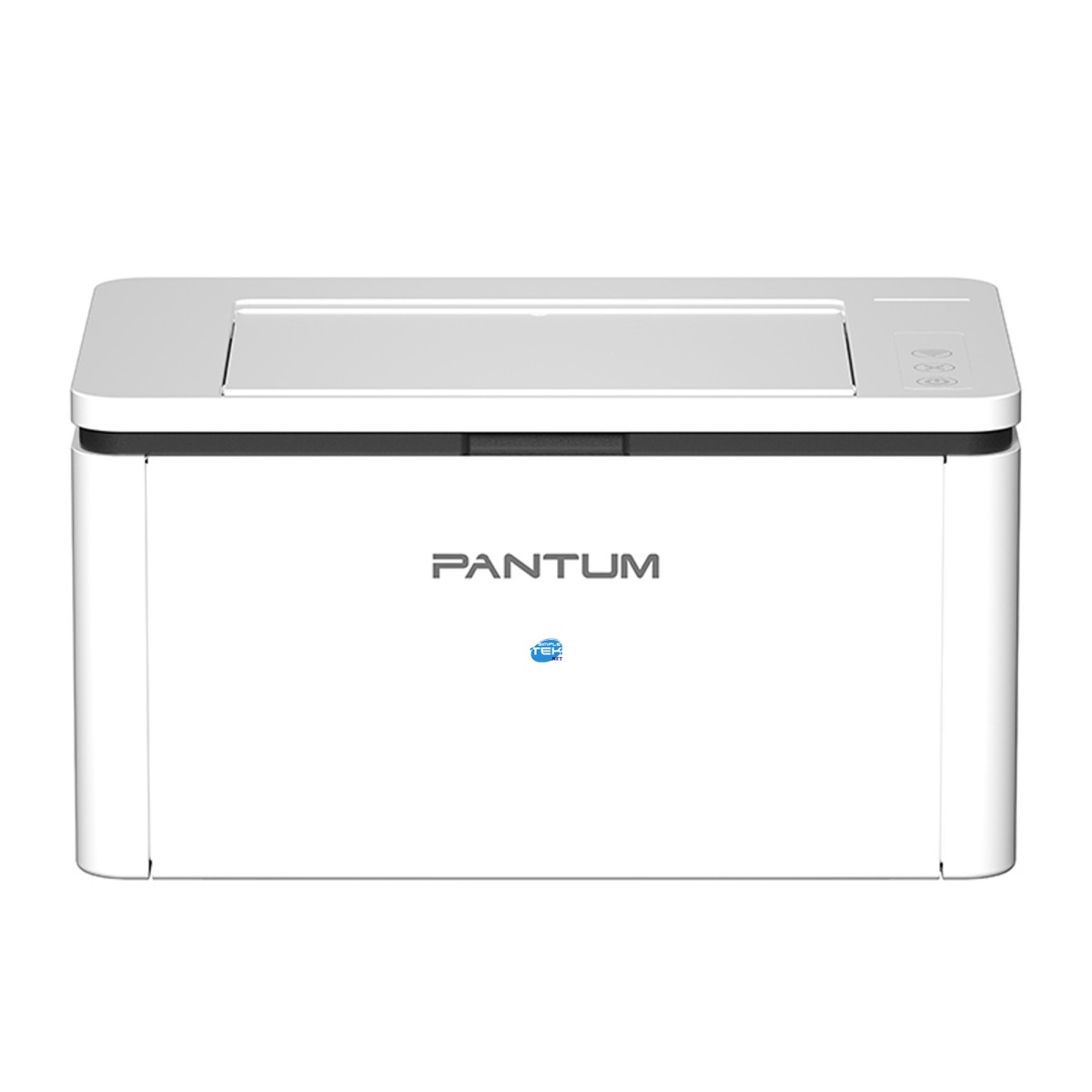 Ein kompakter weißer Pantum Laserdrucker mit geschlossener Papierschublade vor weißem Hintergrund.