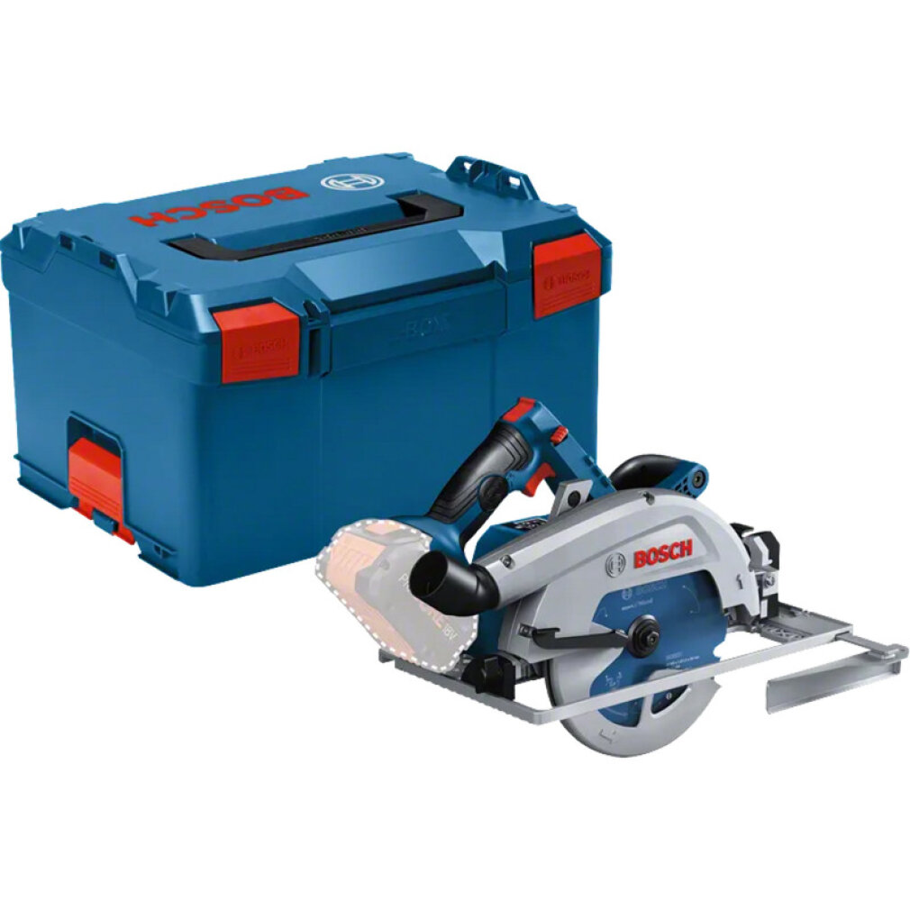 Blue Bosch cordless circular saw with matching blue transport case on a white background.