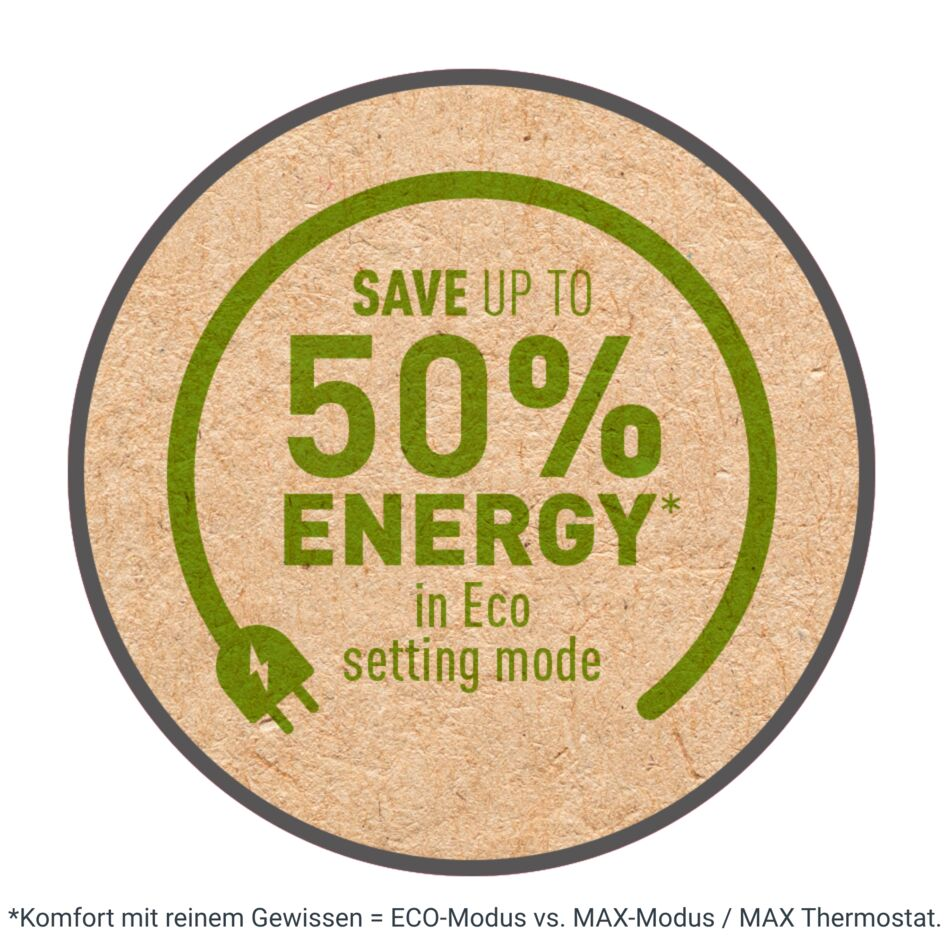 Stemma rotondo con la scritta SAVE UP TO 50% ENERGY in modalità Eco e una spina verde.