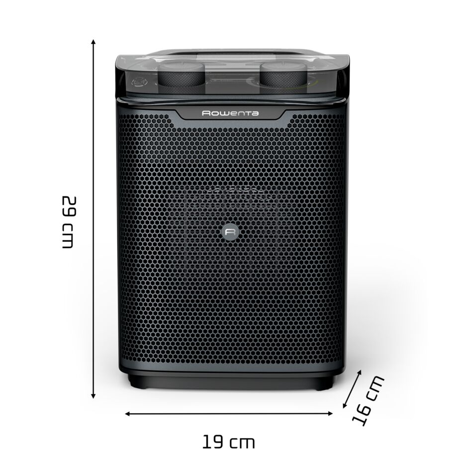 Termoventilatore Rowenta con griglia a nido d'ape, alto 29 cm, largo 19 cm e profondo 16 cm.