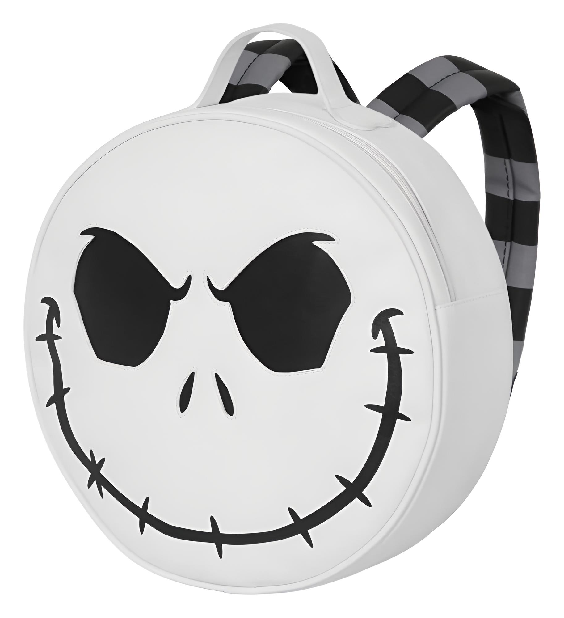 Mochila redonda blanca con la cara de Jack Skellington, ojos negros, boca cosida y correas negras y grises.