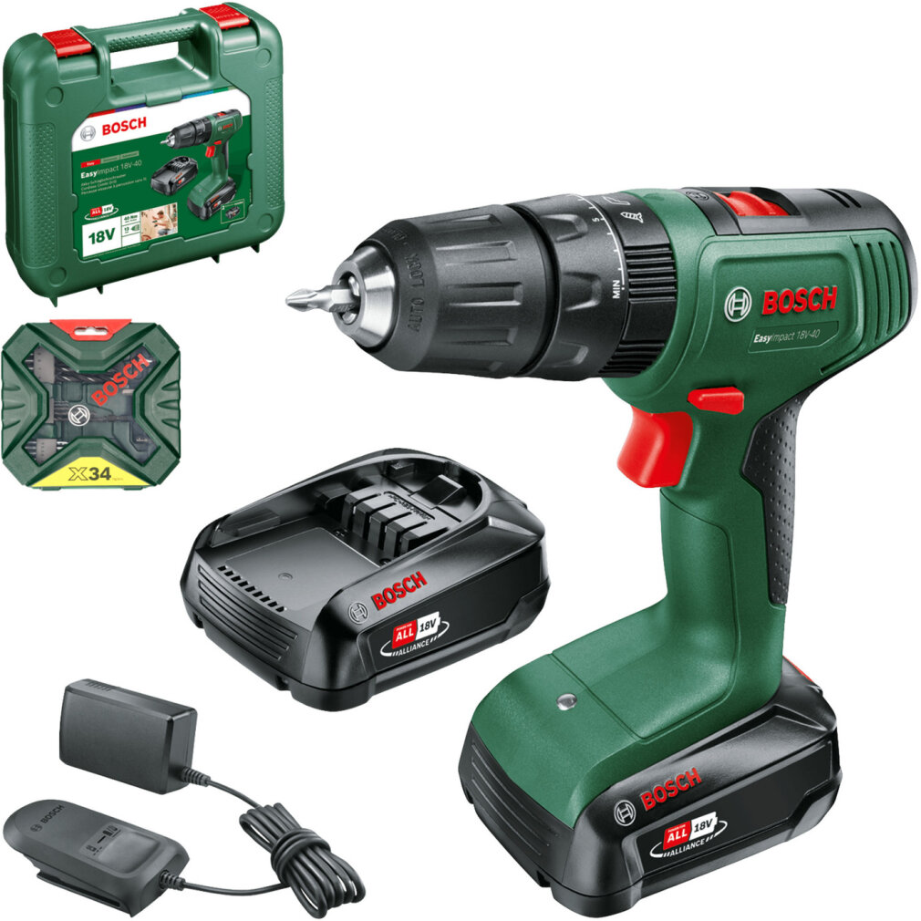 Taladro percutor inalámbrico verde Bosch con cargador, batería, juego de puntas y maletín.