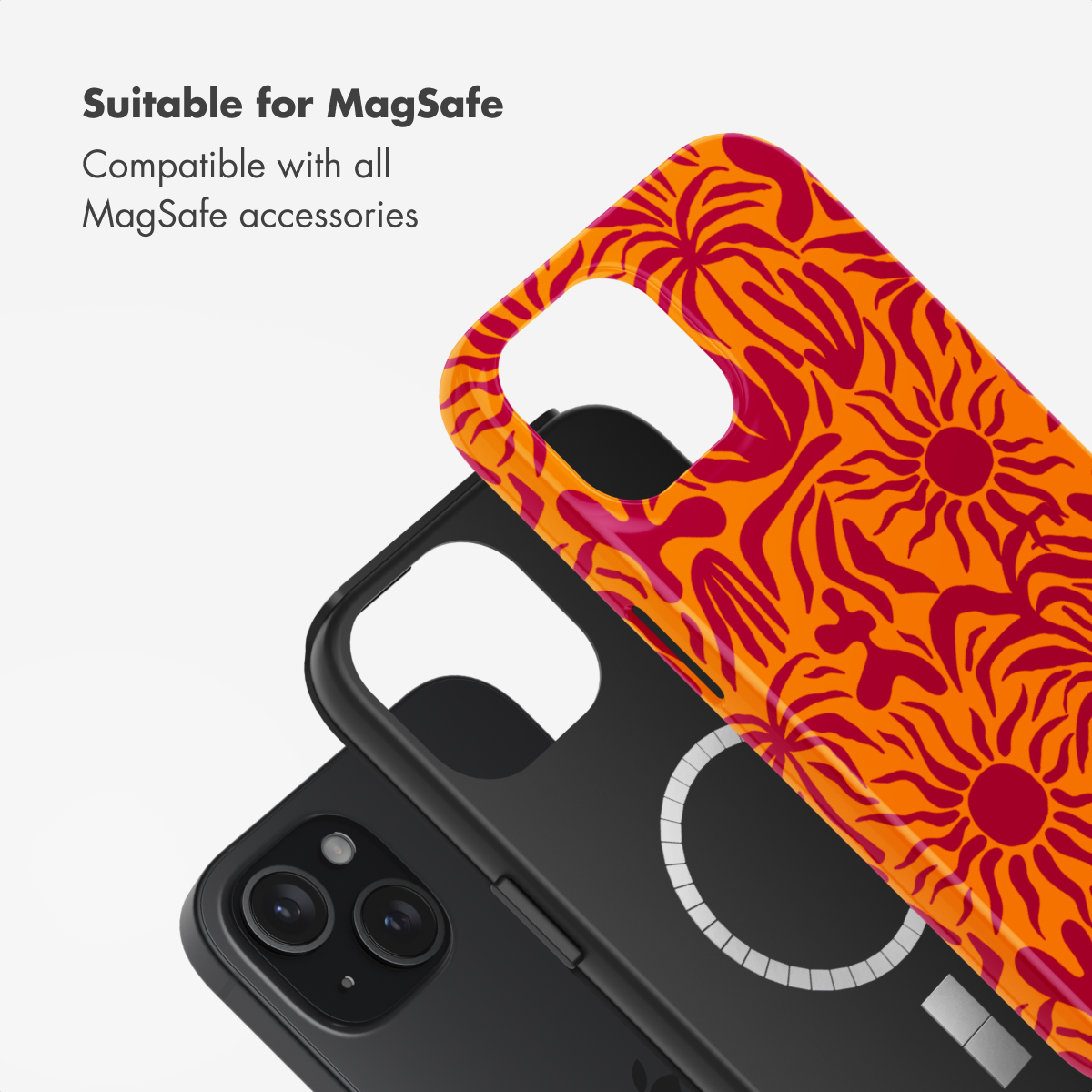 Telefoonhoesje met oranje en rode zonnetjesprint, MagSafe-compatibel.