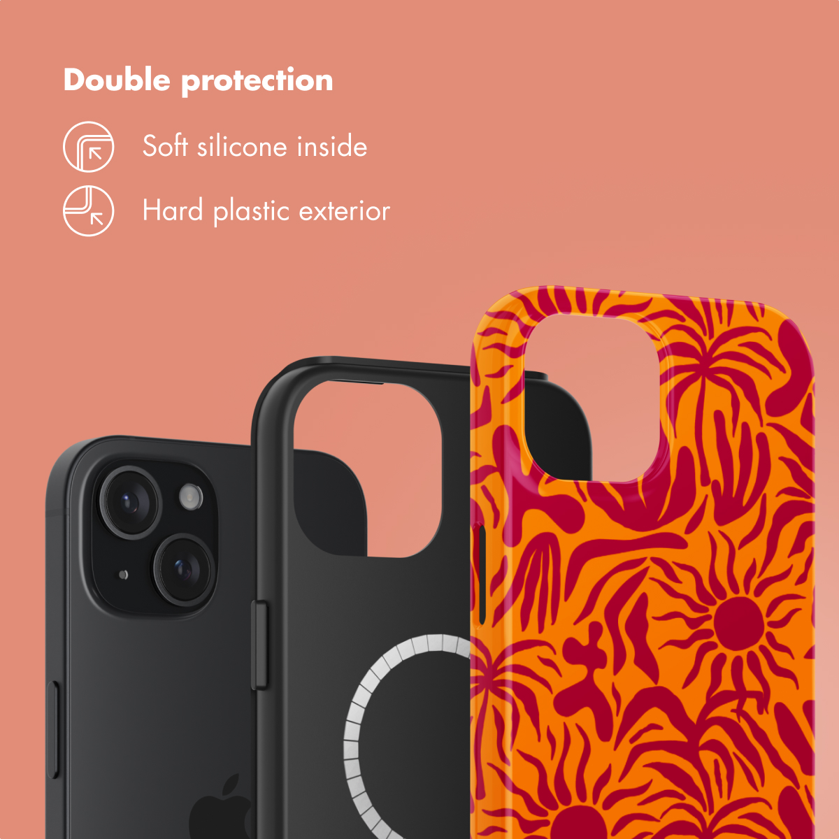 Telefoonhoesje met zachte siliconen binnenkant en harde plastic buitenkant.