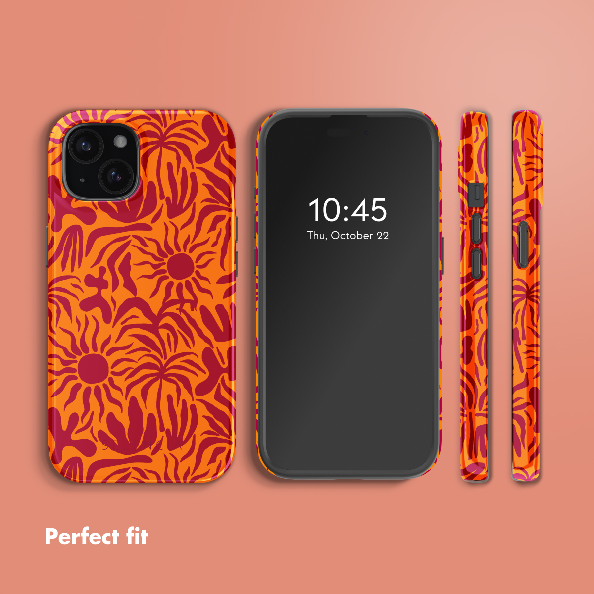 Een smartphone en een hoesje met een oranje-rode zon- en golfpatroon worden getoond tegen een oranje achtergrond.