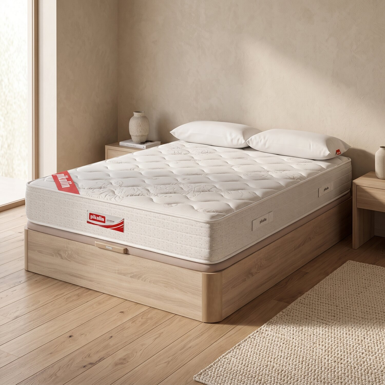 Un colchón blanco con almohadas sobre una base de madera en un dormitorio moderno.