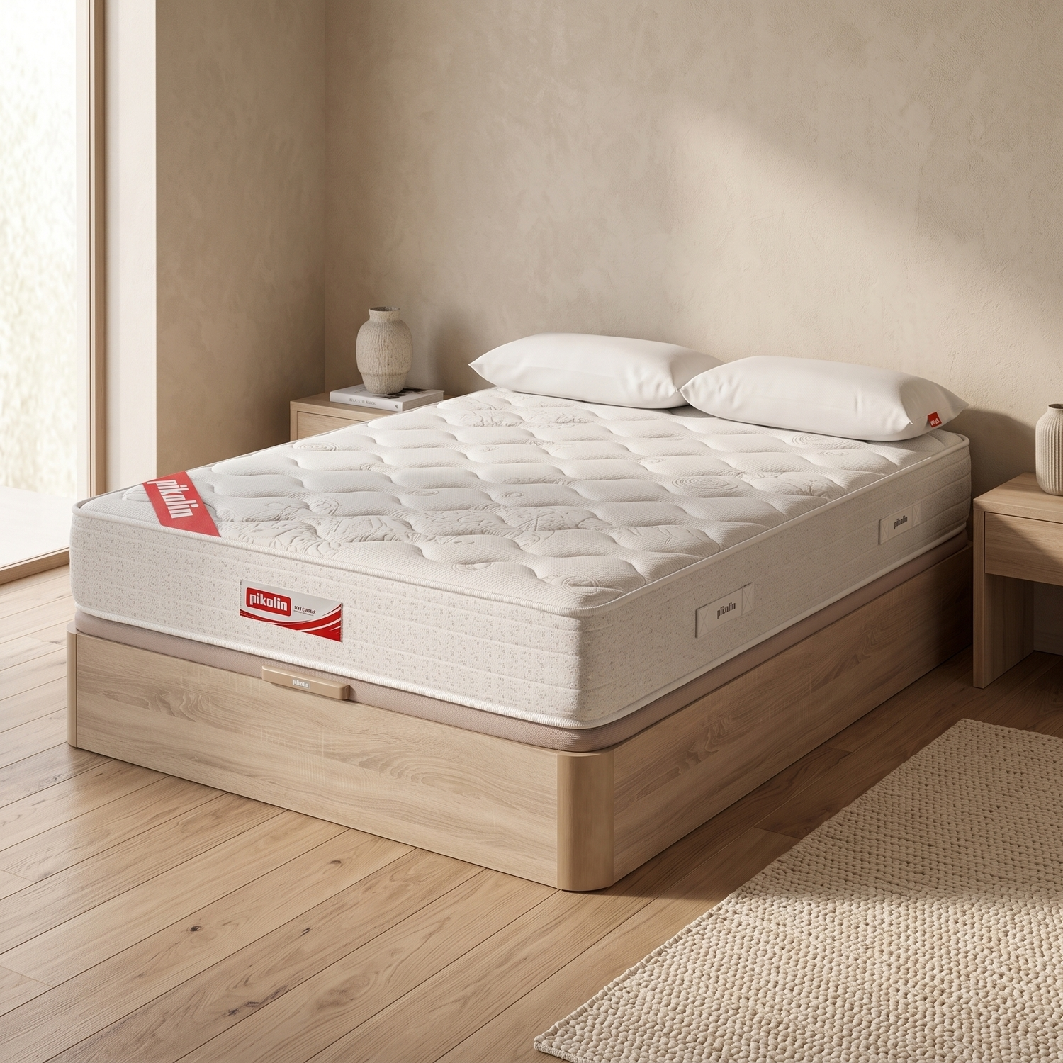 Un colchón blanco en una cama de madera en un dormitorio luminoso.