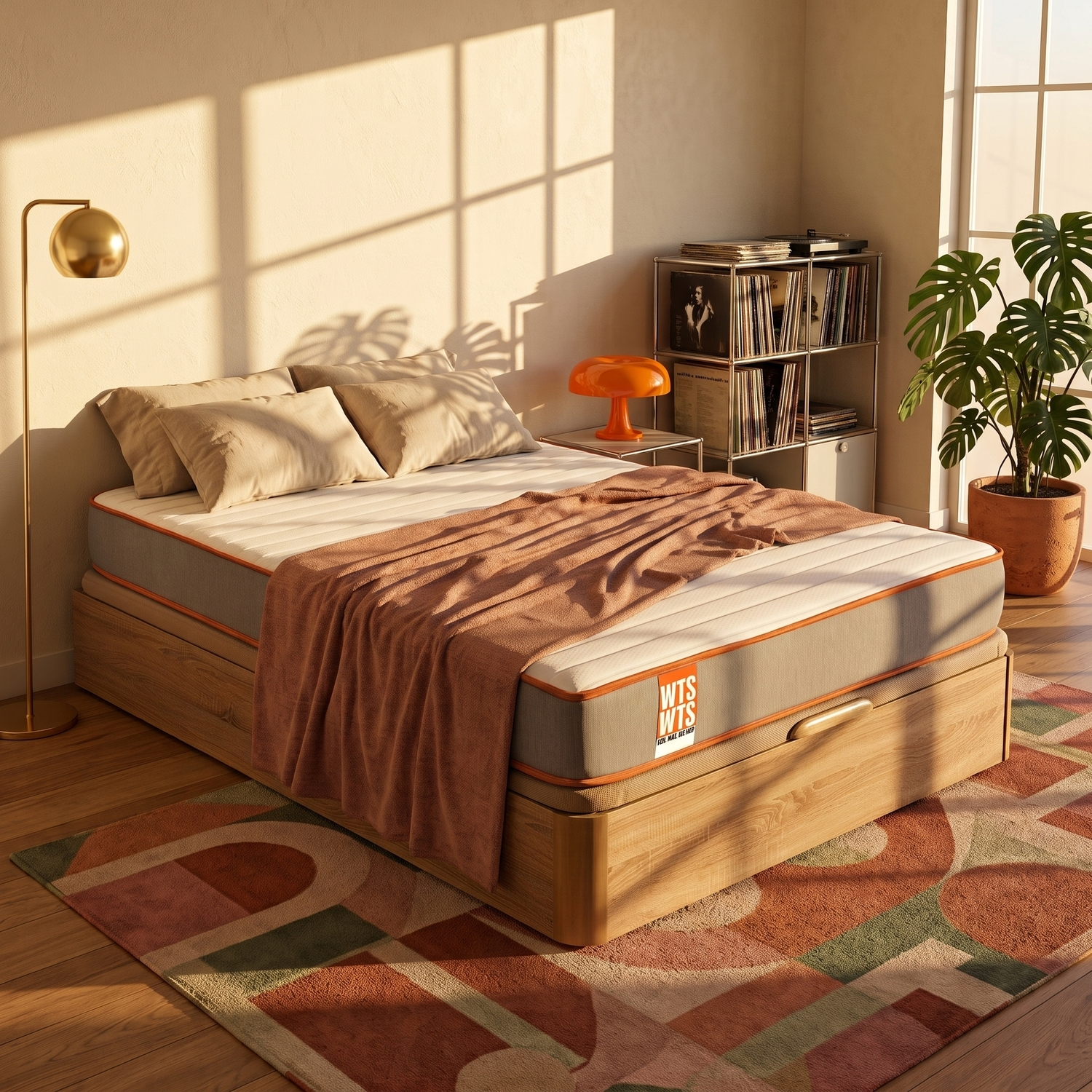 La luz del sol entra en un dormitorio luminoso con una cama sobre una alfombra estampada, una lámpara y una planta.