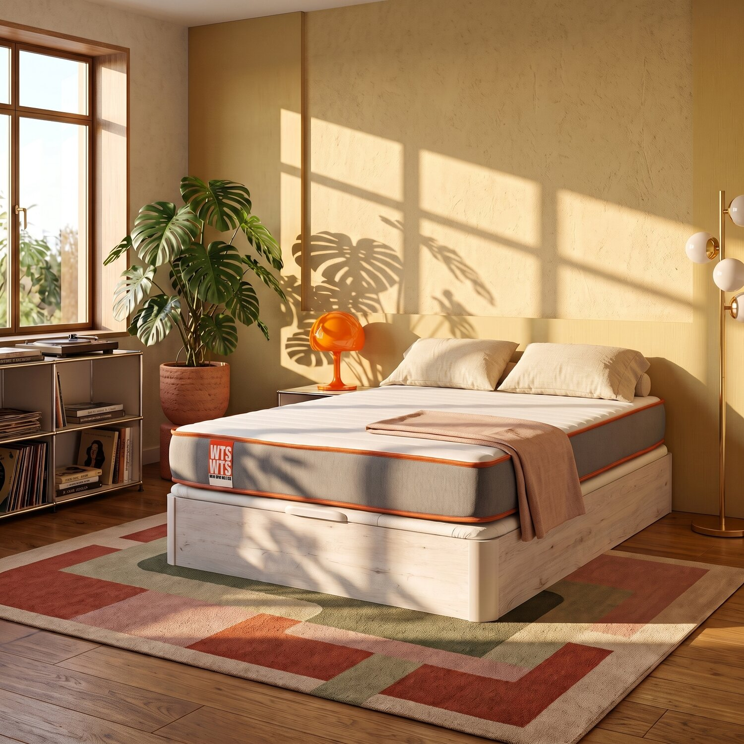 La luz del sol ilumina un dormitorio acogedor con una cama, una planta grande y una alfombra colorida en el suelo.