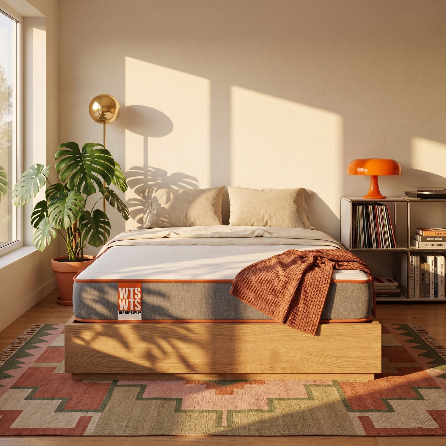 Dormitorio soleado con cama de madera, colchón gris, manta naranja, planta en maceta y estantería.