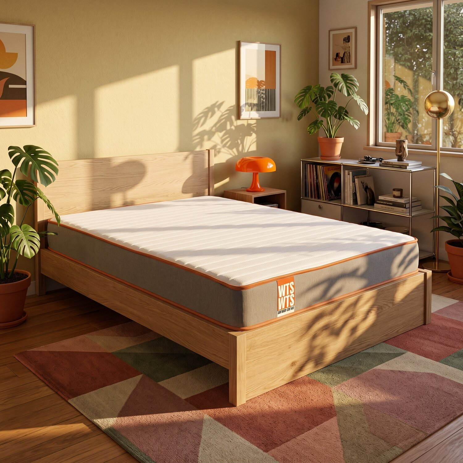 Una cama de madera con colchón blanco y gris en un dormitorio soleado con plantas y alfombra.