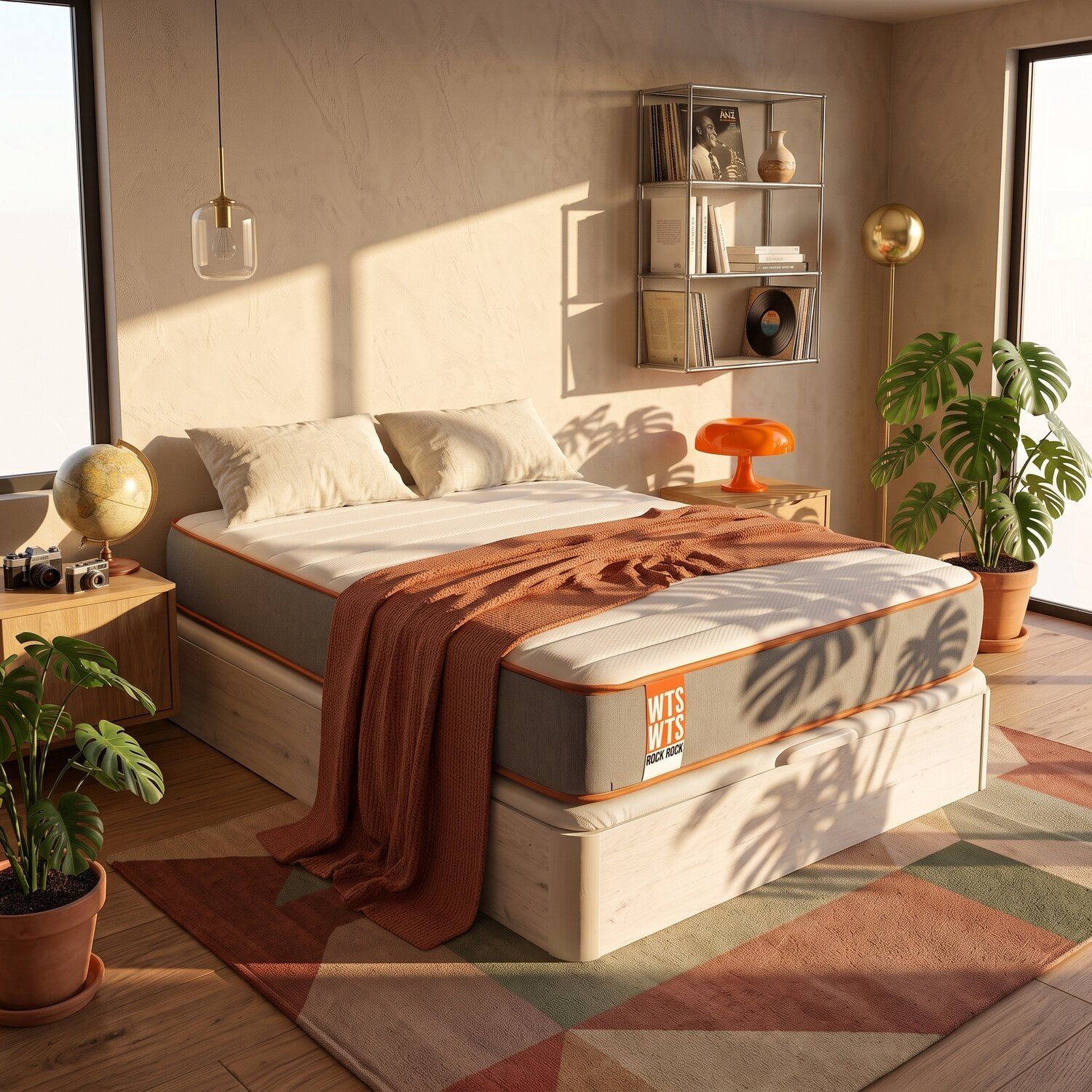 Un dormitorio soleado con una cama, manta naranja, plantas en macetas, estante en la pared y alfombra geométrica.