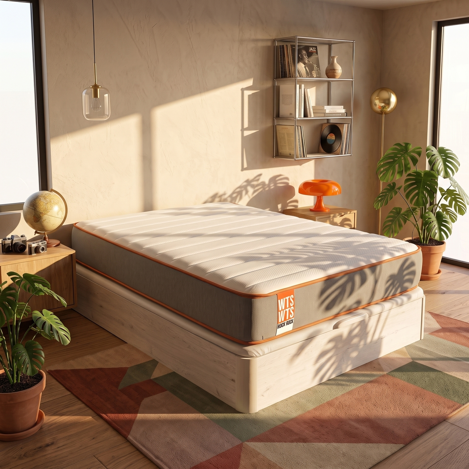 Una cama grande con colchón blanco y marco gris está en un dormitorio soleado con plantas y decoración.