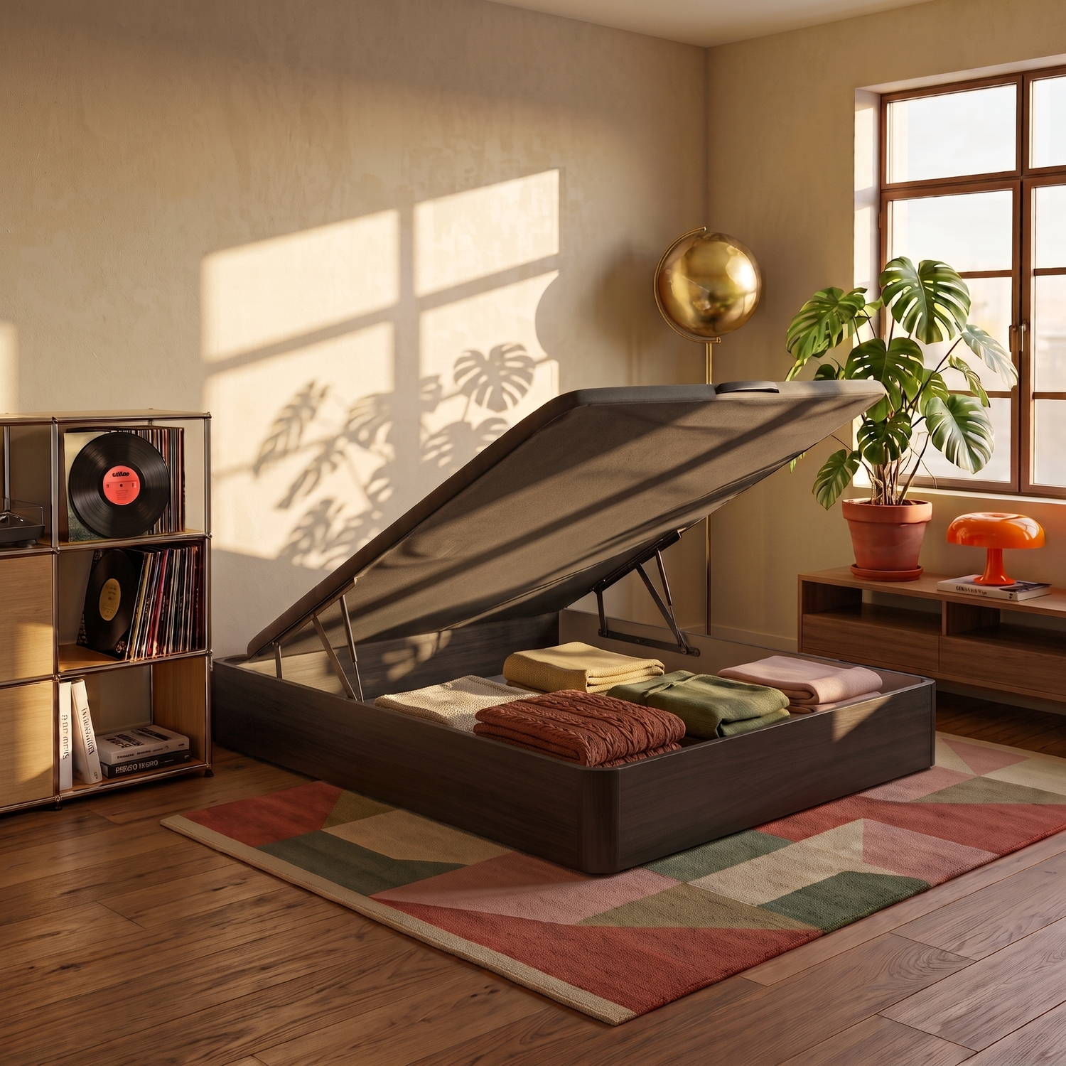 Una cama de almacenamiento de madera con la base levantada, mostrando mantas y ropa de cama dobladas en una habitación luminosa.