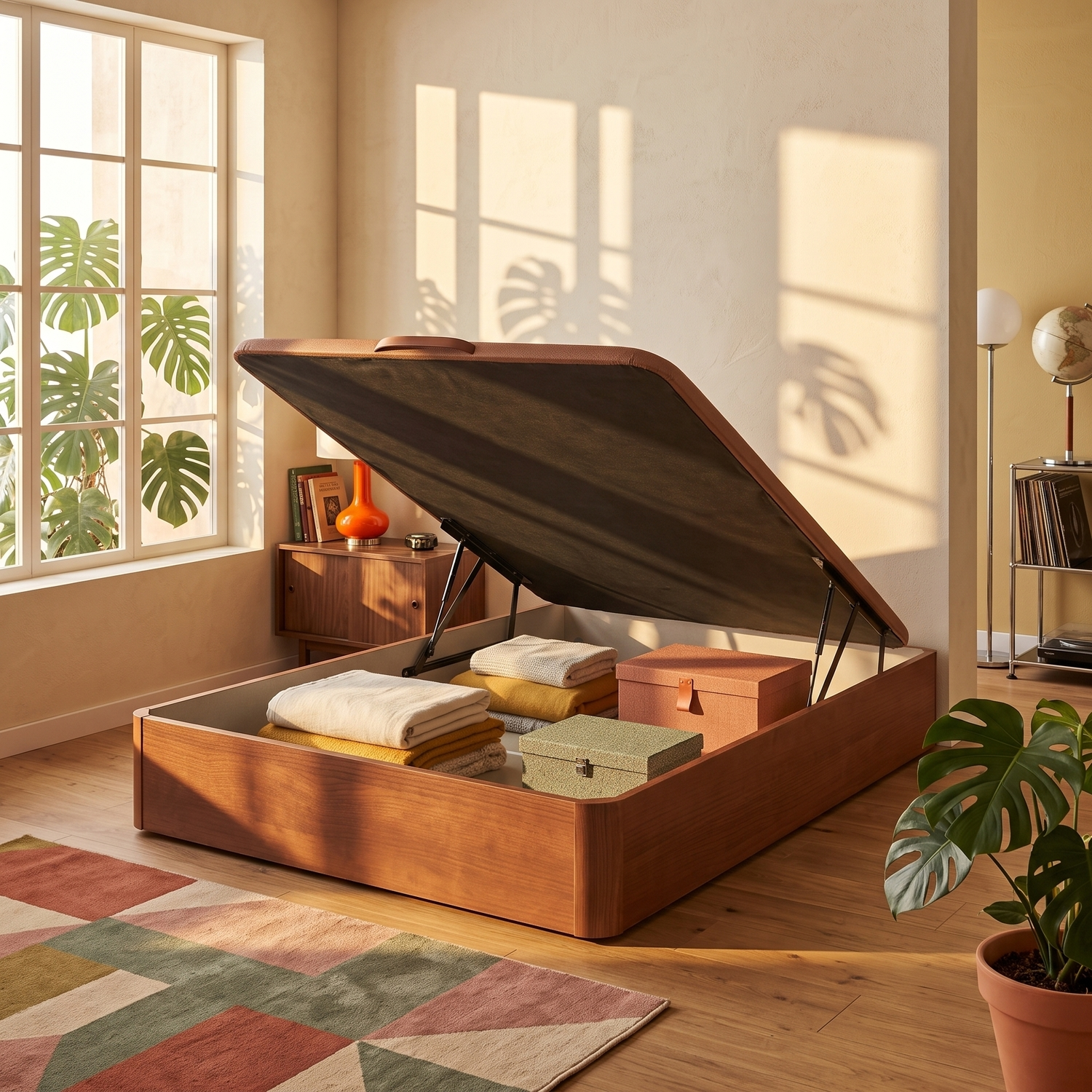 Una cama de madera con base abierta muestra almohadas y cajas en una habitación soleada.