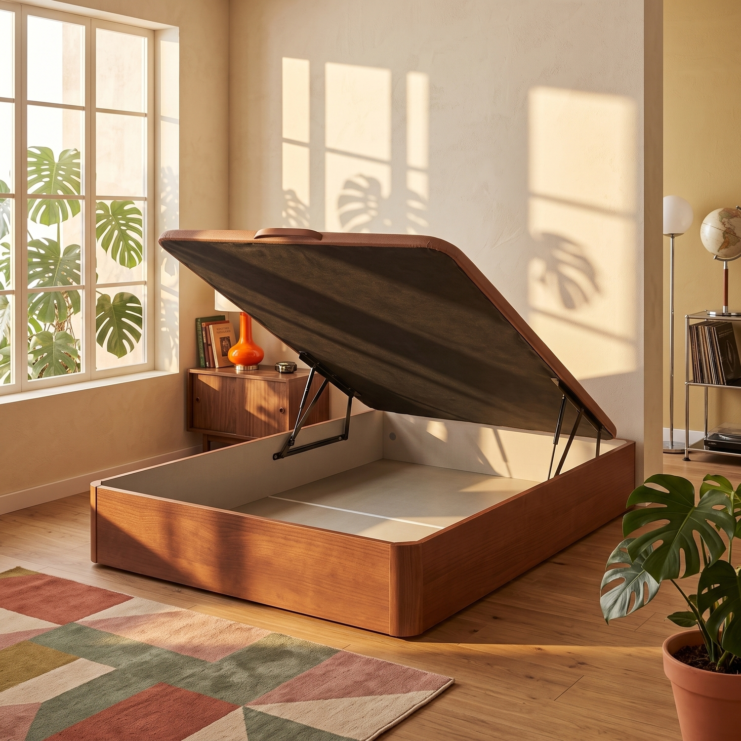 Cama de madera con almacenamiento abierto en una habitación iluminada por el sol, junto a una alfombra y una planta.