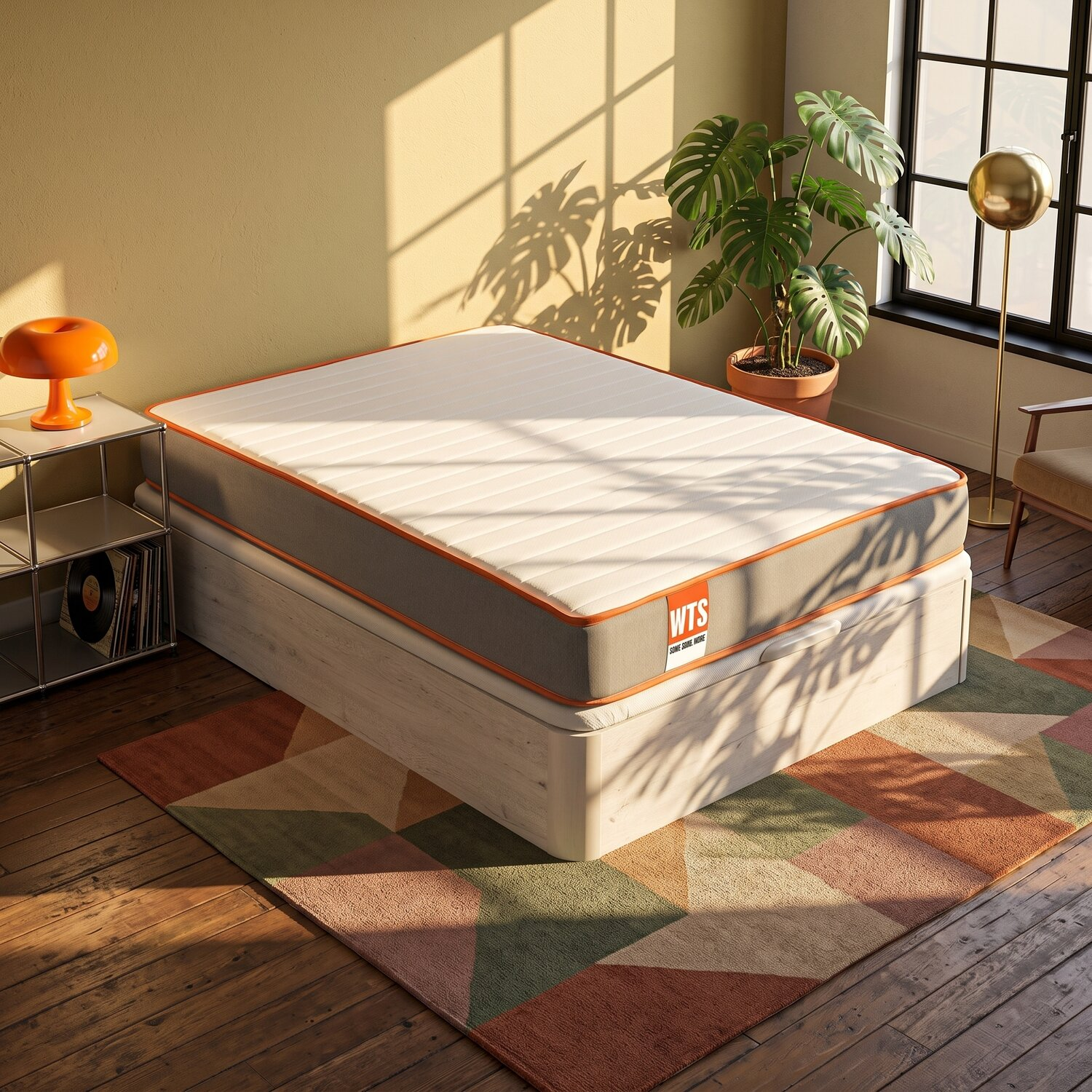 Una cama con colchón blanco y gris sobre una alfombra geométrica en una habitación luminosa.