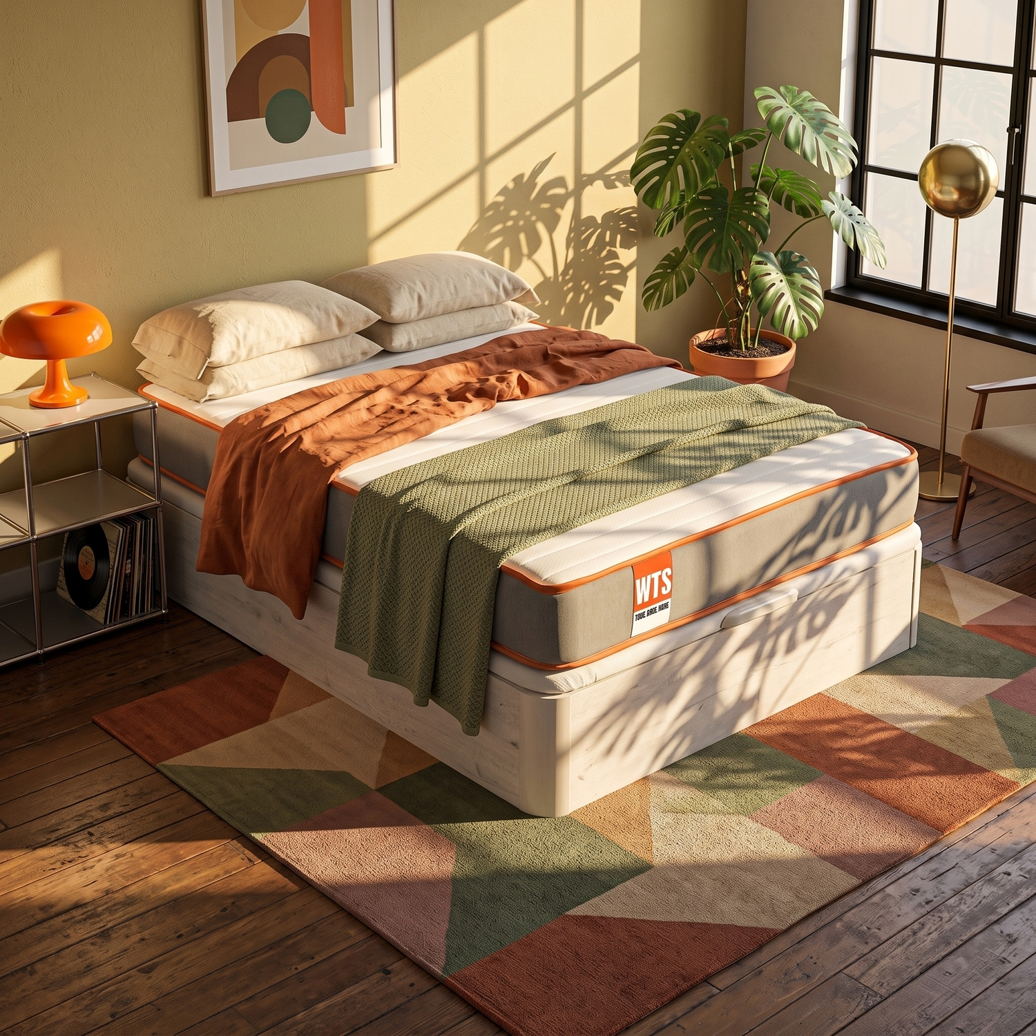 Un dormitorio luminoso con cama, manta naranja, manta verde, planta en maceta y alfombra geométrica.