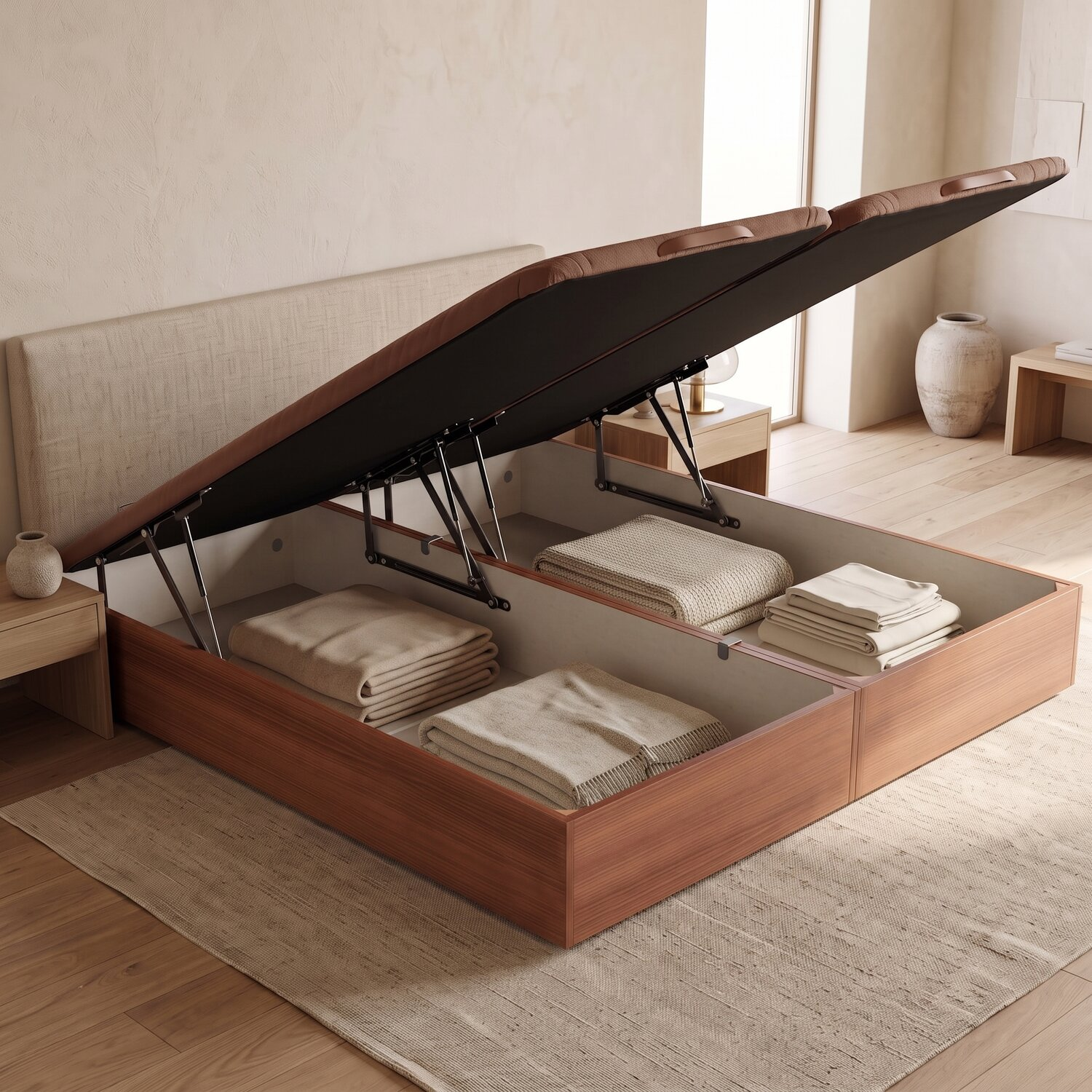 Una cama de madera con almacenamiento y base elevada, mostrando mantas dobladas dentro.