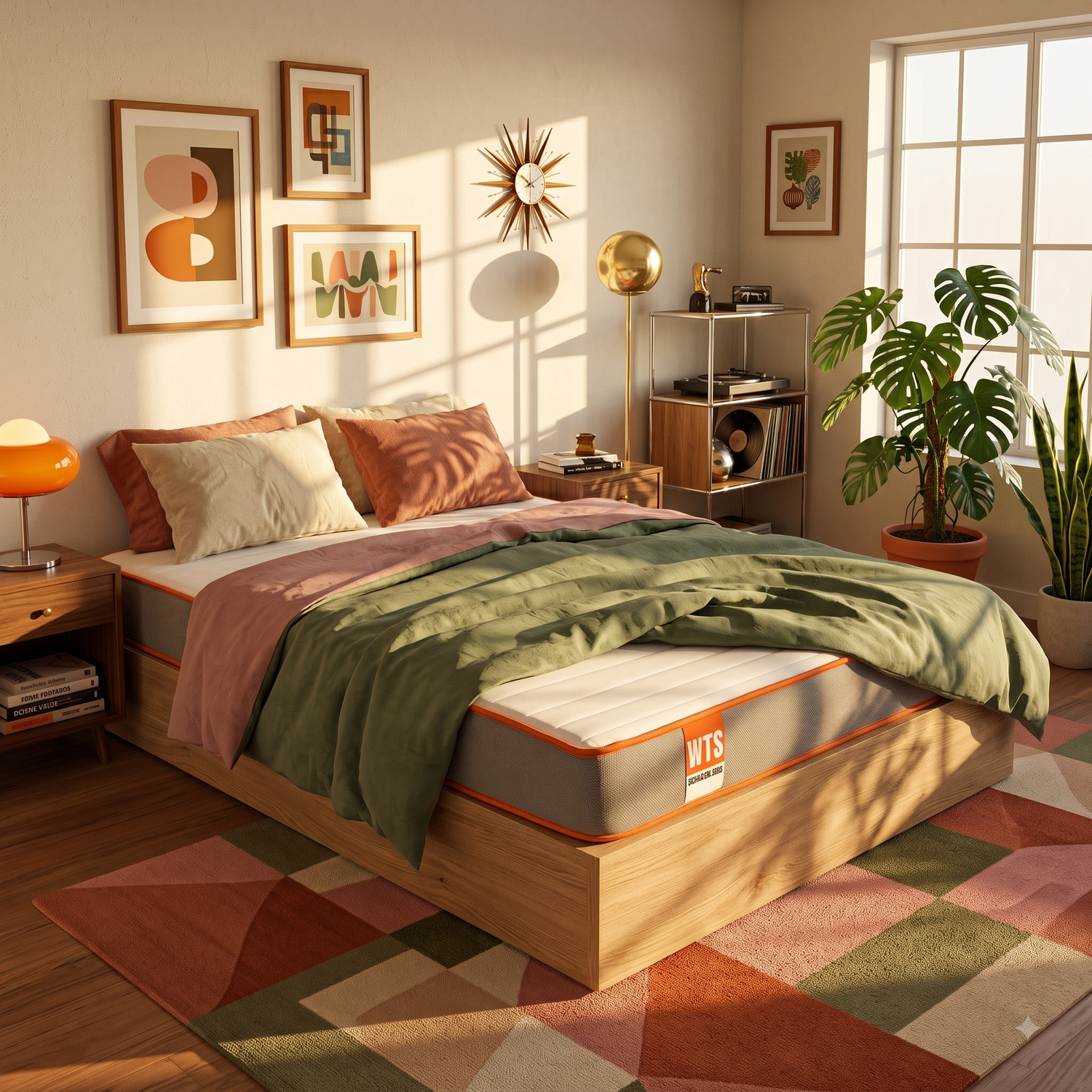 Dormitorio soleado con cama de madera, ropa de cama verde y rosa, cojines coloridos, arte de pared y plantas.