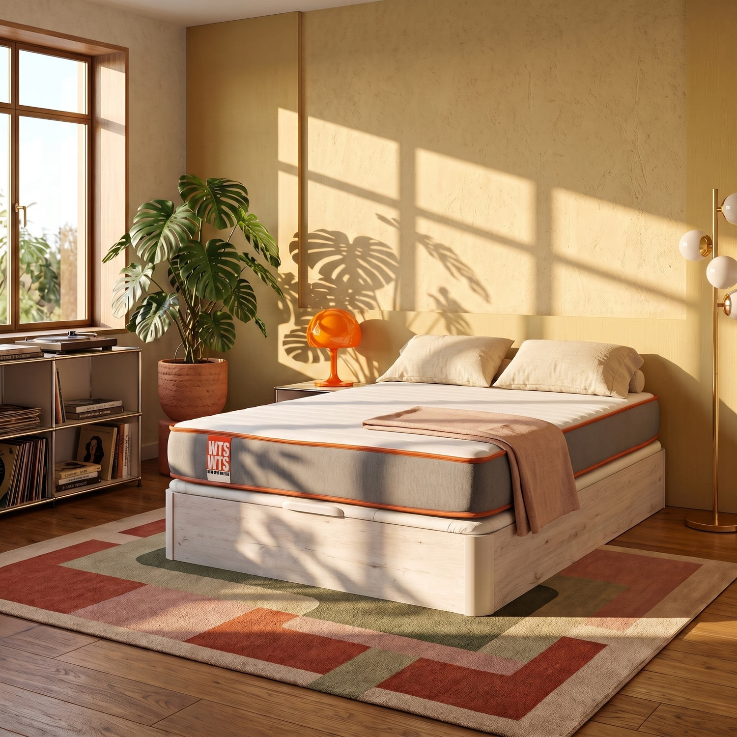 Un dormitorio soleado con cama, planta en maceta, lámpara naranja y alfombra geométrica.