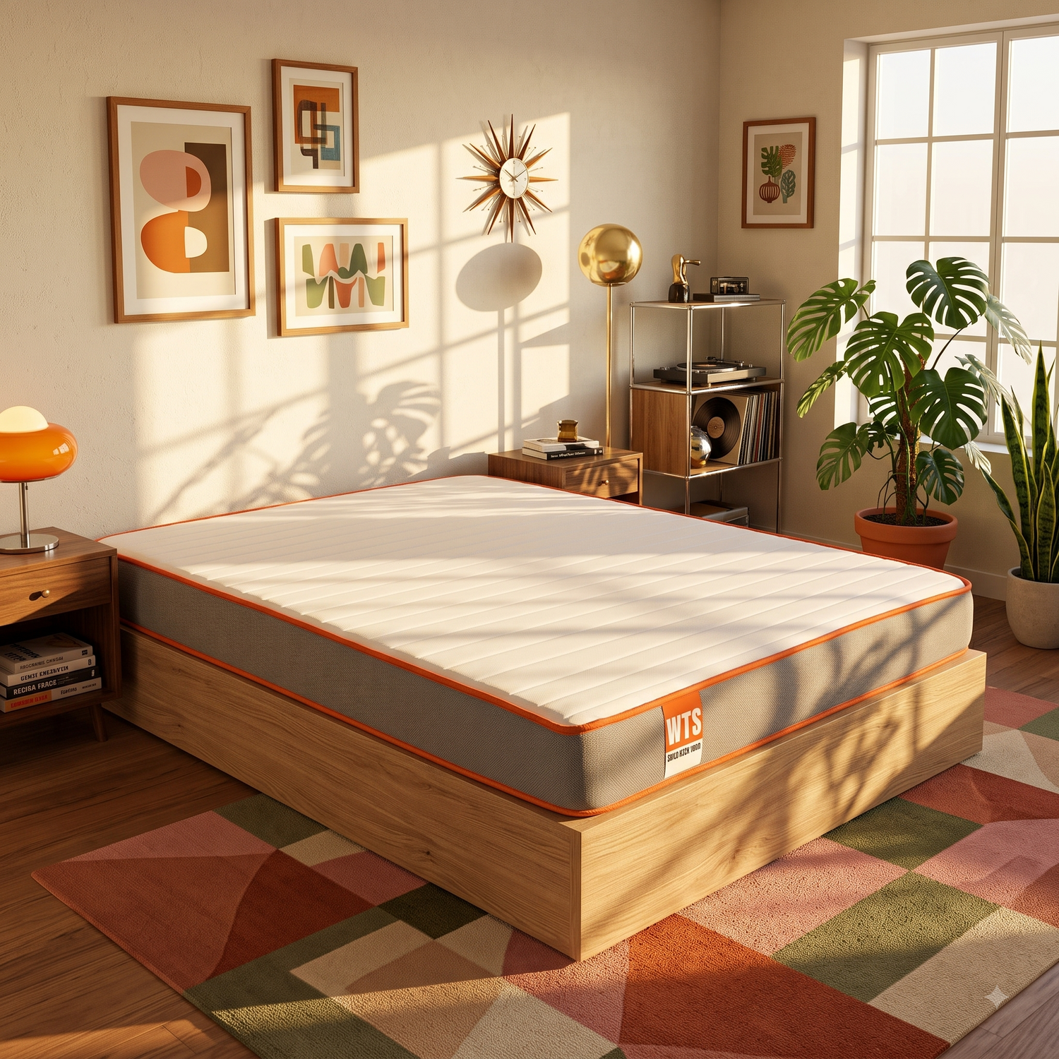 Dormitorio soleado con cama de madera, colchón de marca, alfombra y plantas.