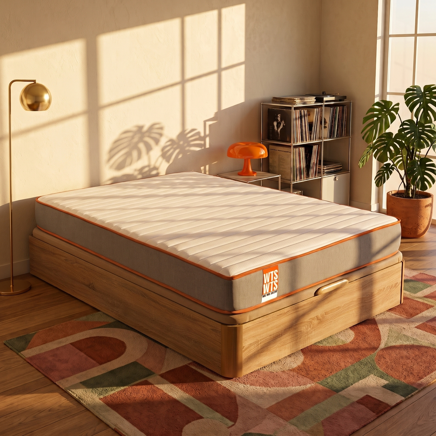 Cama con colchón grueso en estructura de madera sobre alfombra estampada en habitación soleada con estante de discos y planta.