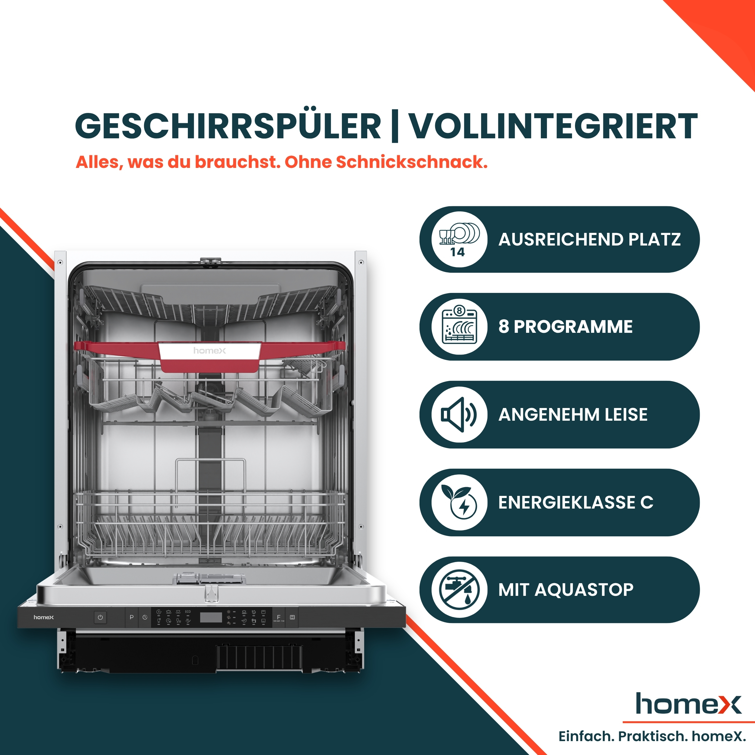 Geöffneter vollintegrierter Geschirrspüler mit Infografiken zu Features wie 8 Programmen und Energieklasse C.