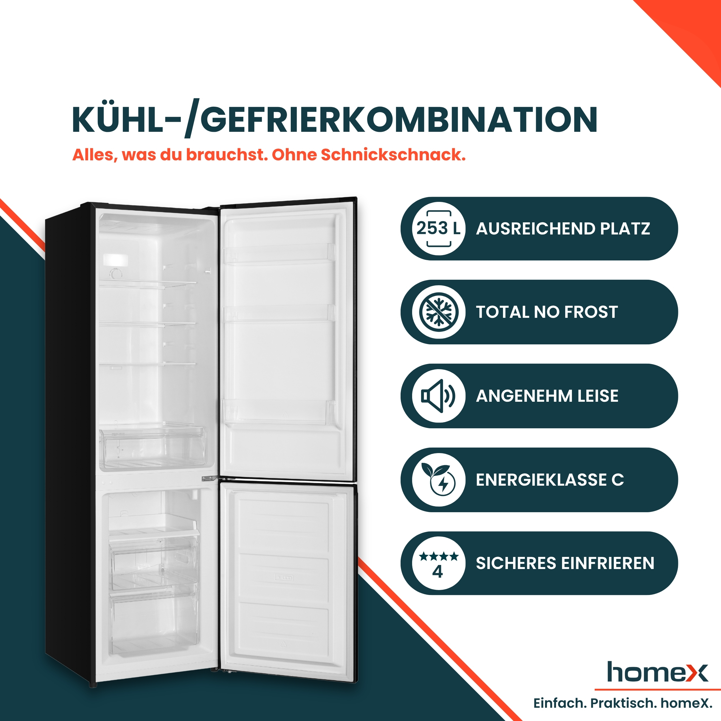 Schwarze Kühl-Gefrierkombination mit offenen Türen und fünf Infofeldern auf weißem Hintergrund mit blauen und roten Akzenten.