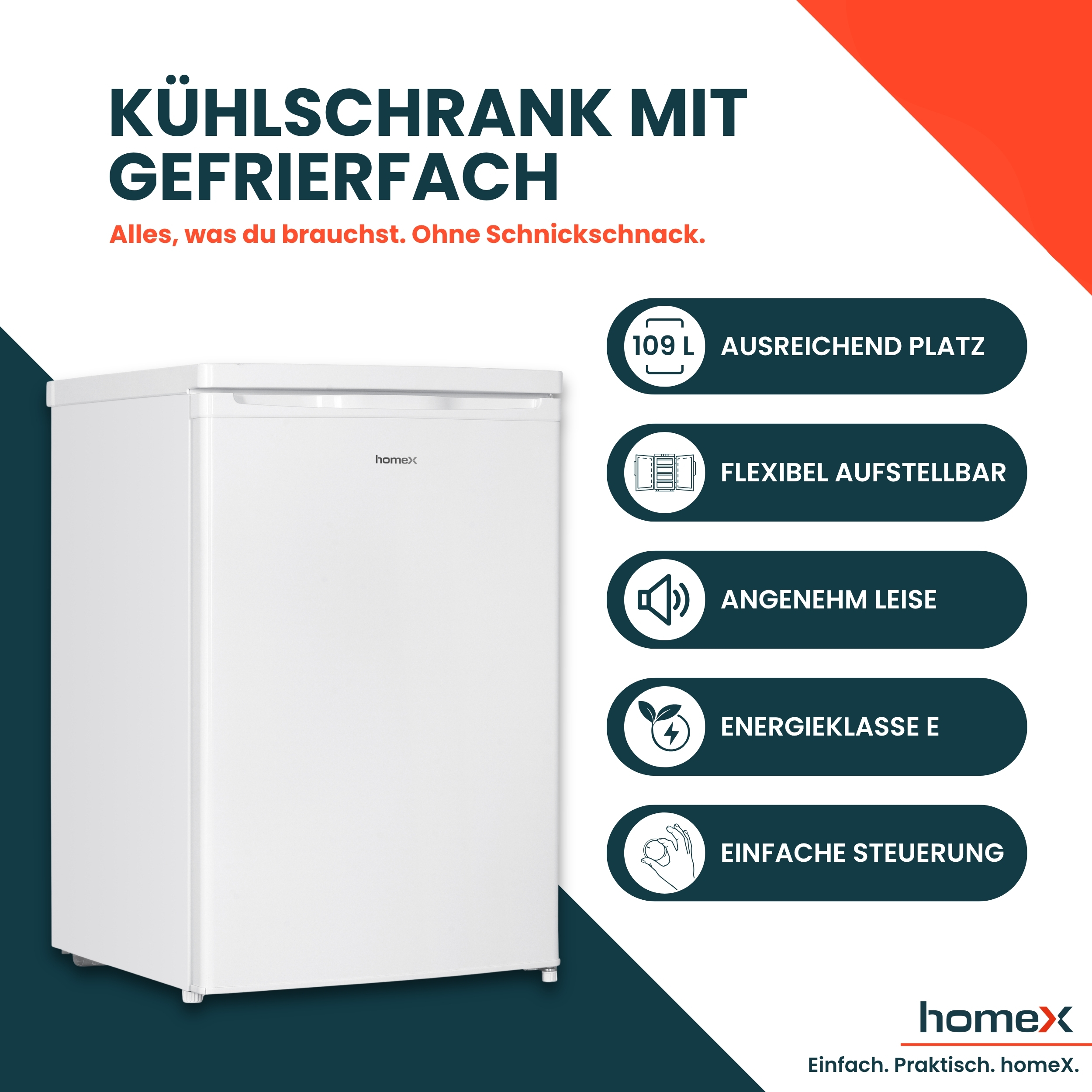 Werbebild für einen weißen Homex Kühlschrank mit Gefrierfach und fünf Produktmerkmalen auf der rechten Seite.