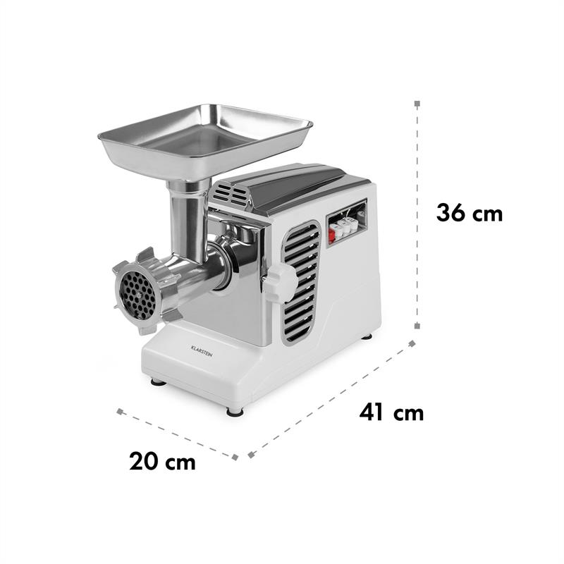 Tritacarne elettrico bianco con parti cromate e dimensioni in centimetri su sfondo bianco.