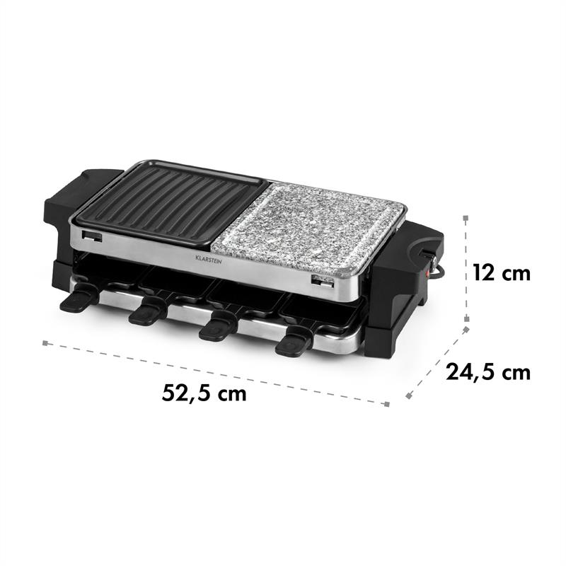 Ein rechteckiger Raclette-Grill mit Maßangaben: Breite 52,5 cm, Tiefe 24,5 cm, Höhe 12 cm.