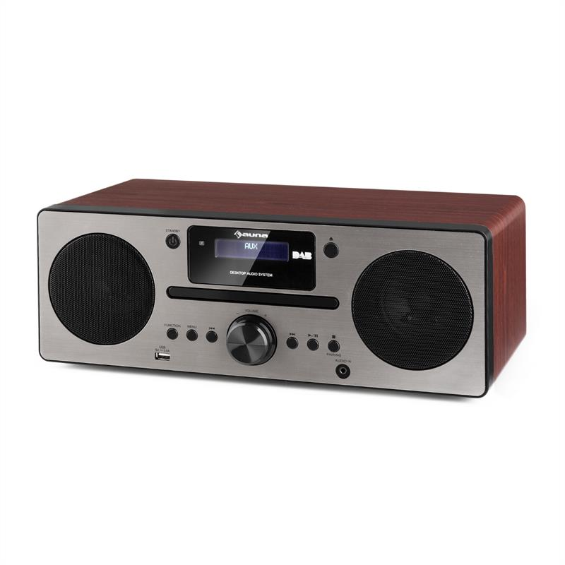 Holzfarbenes Desktop-Audiosystem mit silberner Front, zwei Lautsprechern, Display, CD-Schlitz und Drehregler.