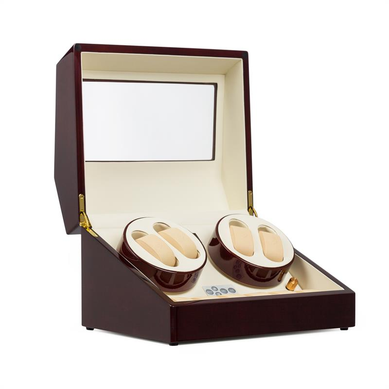 Glänzender Holz-Uhrenbeweger mit zwei drehbaren Fächern und beigem Innenfutter.