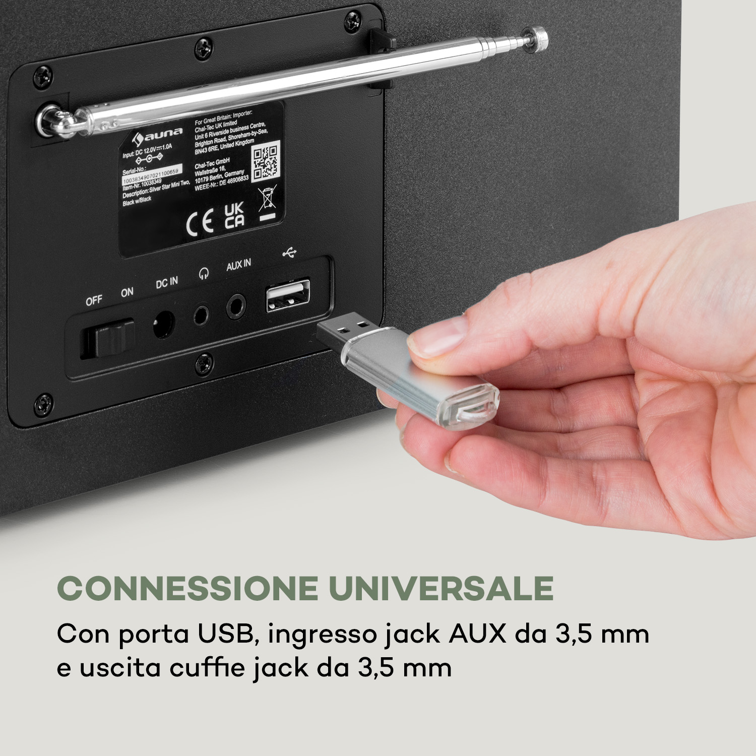 Hand steckt USB-Stick in den Anschluss einer schwarzen Radio-Rückseite mit Antenne und Textoverlay.