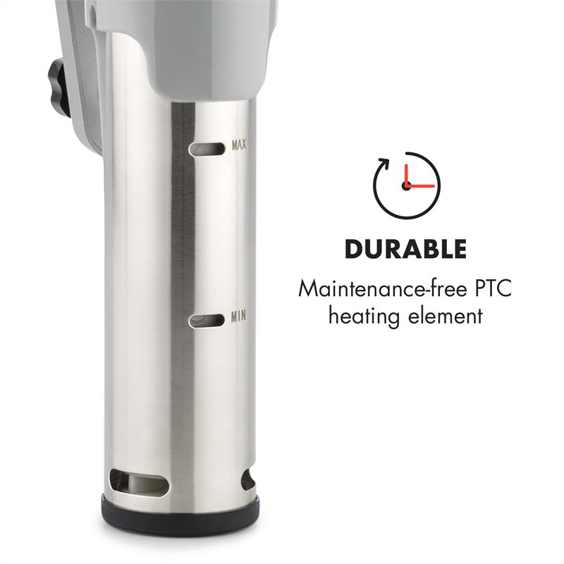 Nahaufnahme eines Sous-Vide-Garers aus Edelstahl mit Min- und Max-Markierungen neben Text über ein PTC-Heizelement.