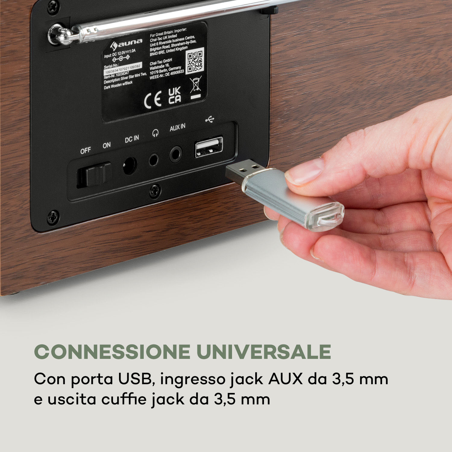 Eine Hand steckt einen silbernen USB-Stick in die Rückseite eines Holz-Audiogeräts.