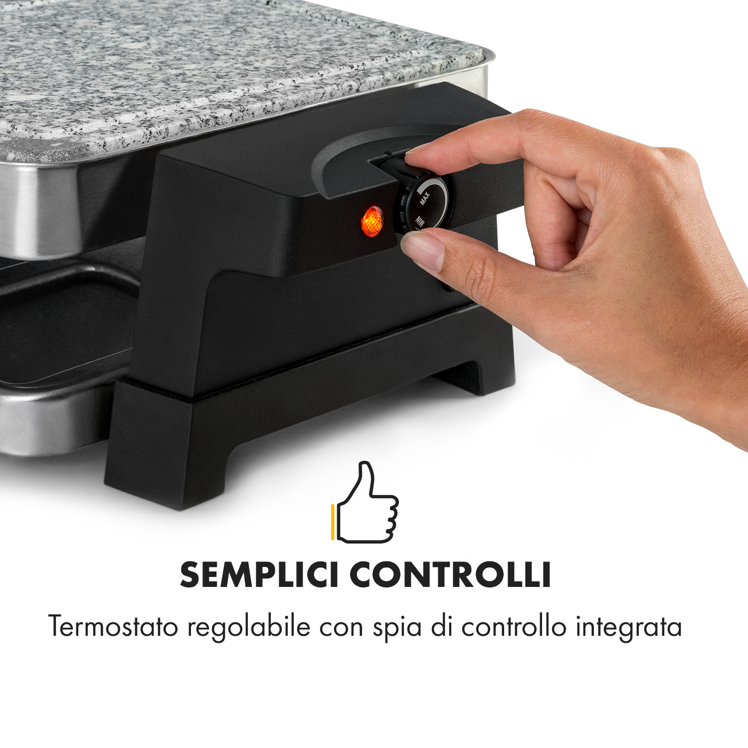 Hand stellt den Temperaturregler einer elektrischen Tischgrillplatte mit roter Leuchtanzeige ein.