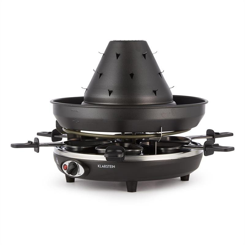 Schwarzer Klarstein Raclette-Grill mit Pyramidenaufsatz, Pfännchen und Drehregler.
