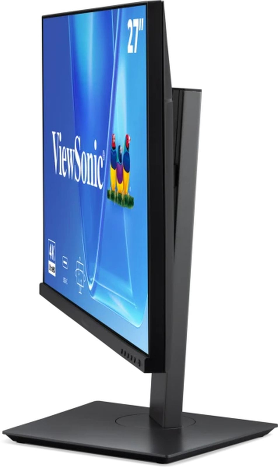 Seitenansicht eines schwarzen ViewSonic 27-Zoll-Monitors mit blauem Display auf einem Ständer.