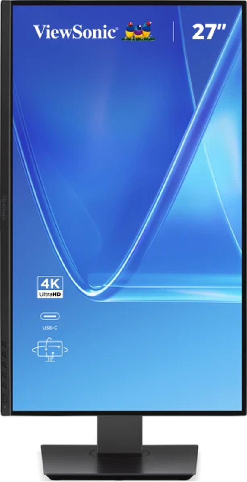 Frontansicht eines vertikalen ViewSonic 27-Zoll-4K-Monitors mit blauem Display und schwarzem Standfuß.