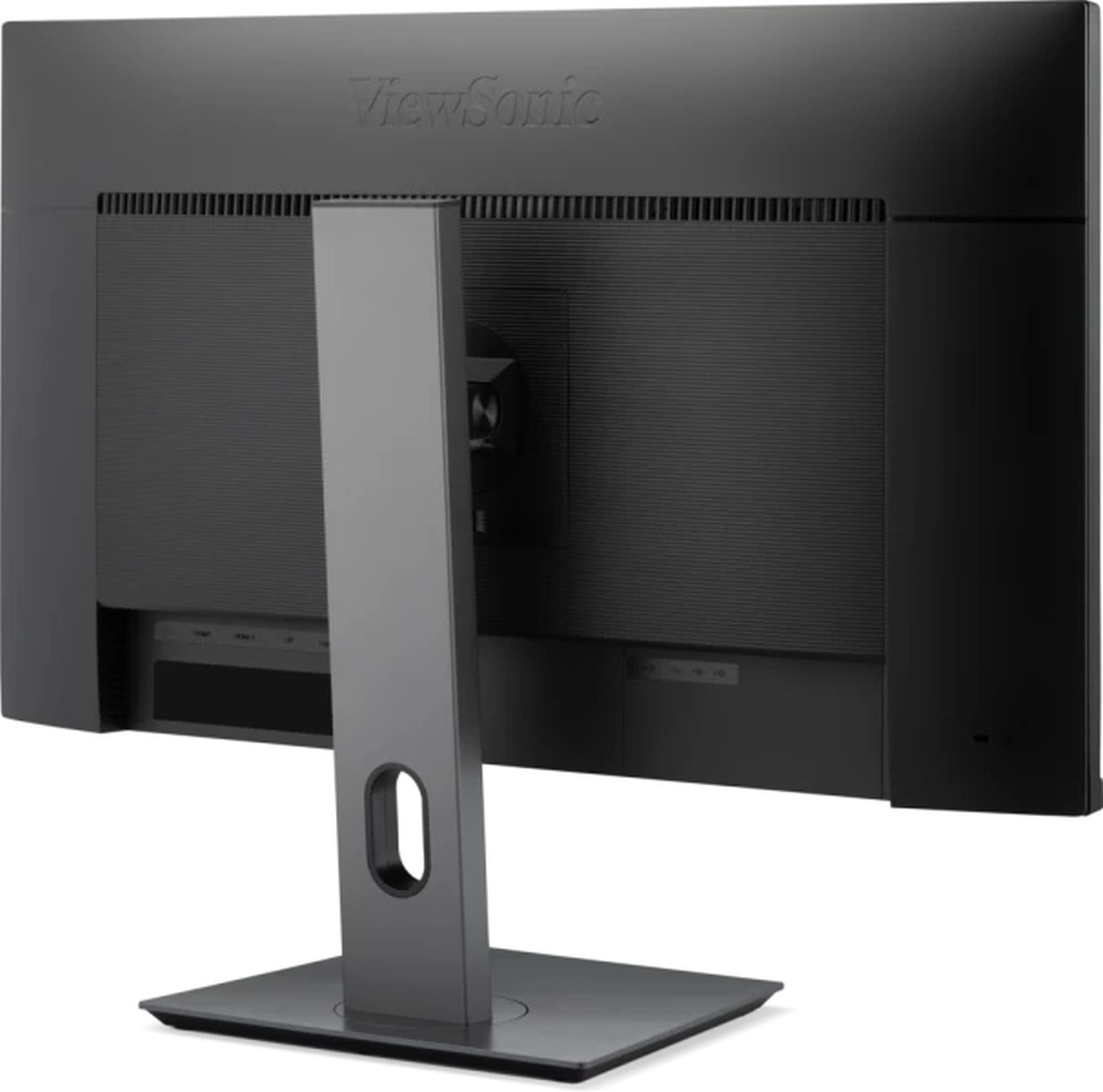 Rückseite eines schwarzen ViewSonic Monitors mit grauem Standfuß.