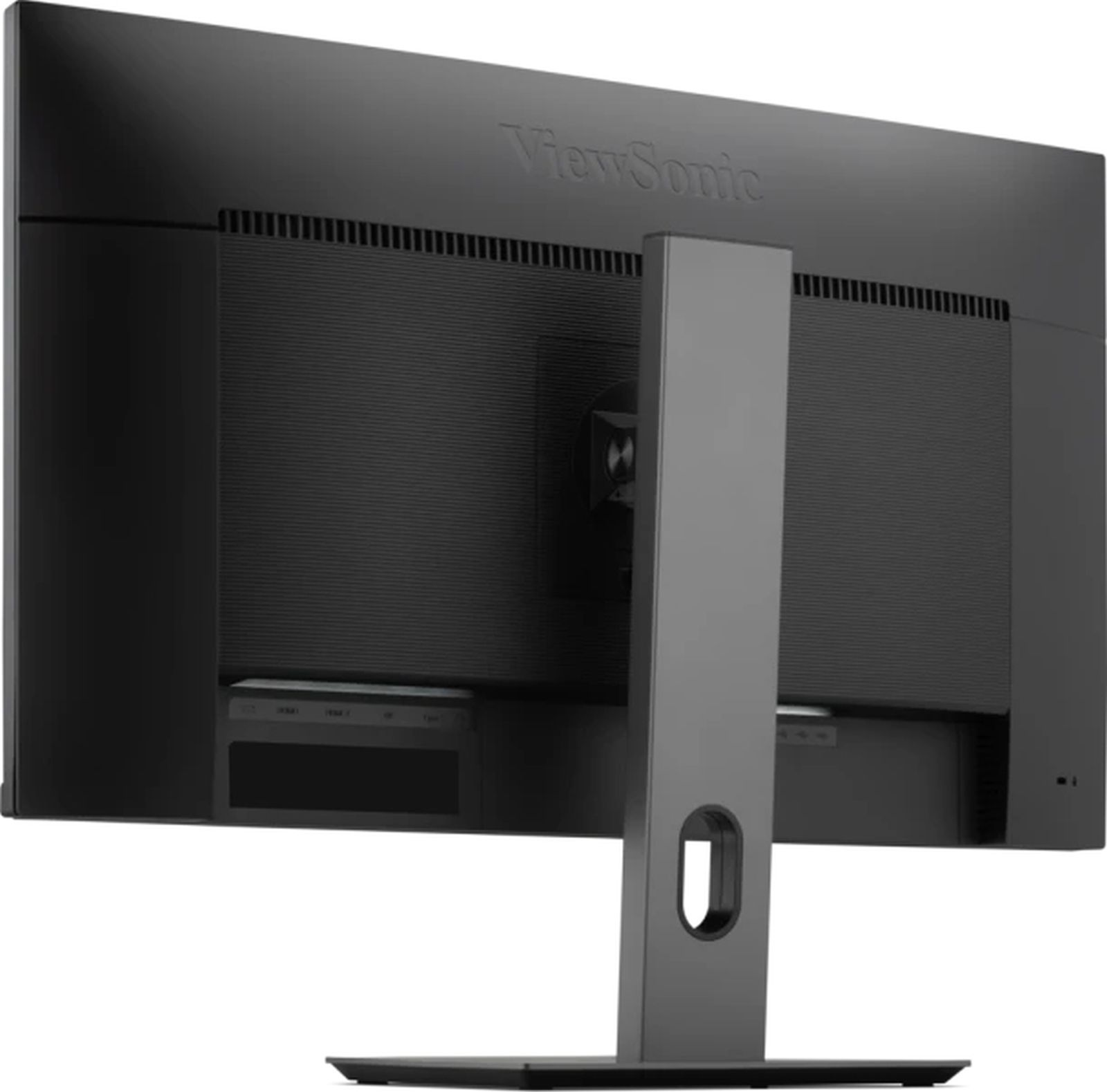 Rückseite eines schwarzen ViewSonic Monitors mit Standfuß, Lüftungsschlitzen und integriertem Kabelmanagement.
