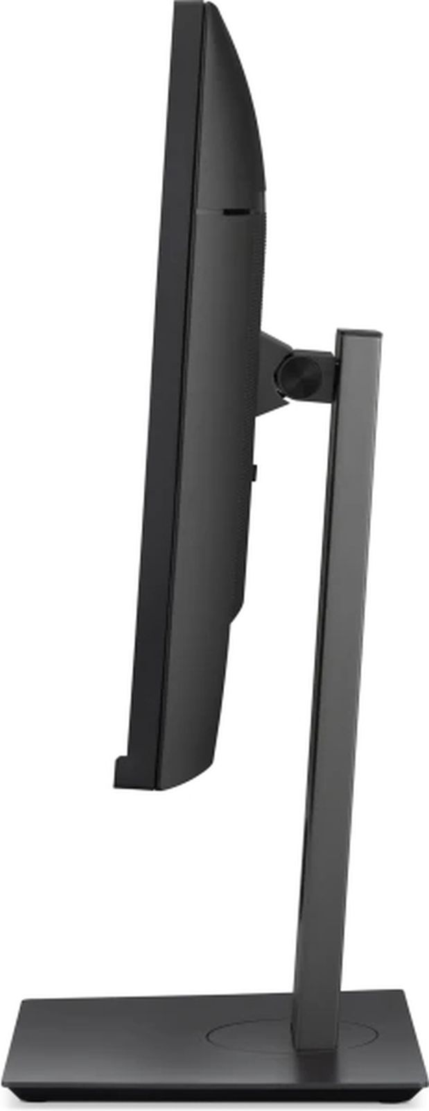 Seitenansicht eines modernen schwarzen Monitors mit verstellbarem Standfuß vor weißem Hintergrund.